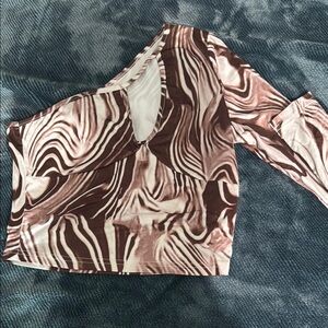 Cream and Brown Asymmetrical Crop Blouse with 3/4 Sleeves